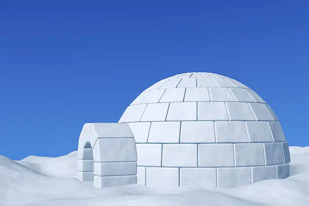 Winter north polar snowy landscape - eskimo house igloo icehouse made with white snow on the surface of snow field under cold north blue sky closeup 3d illustration