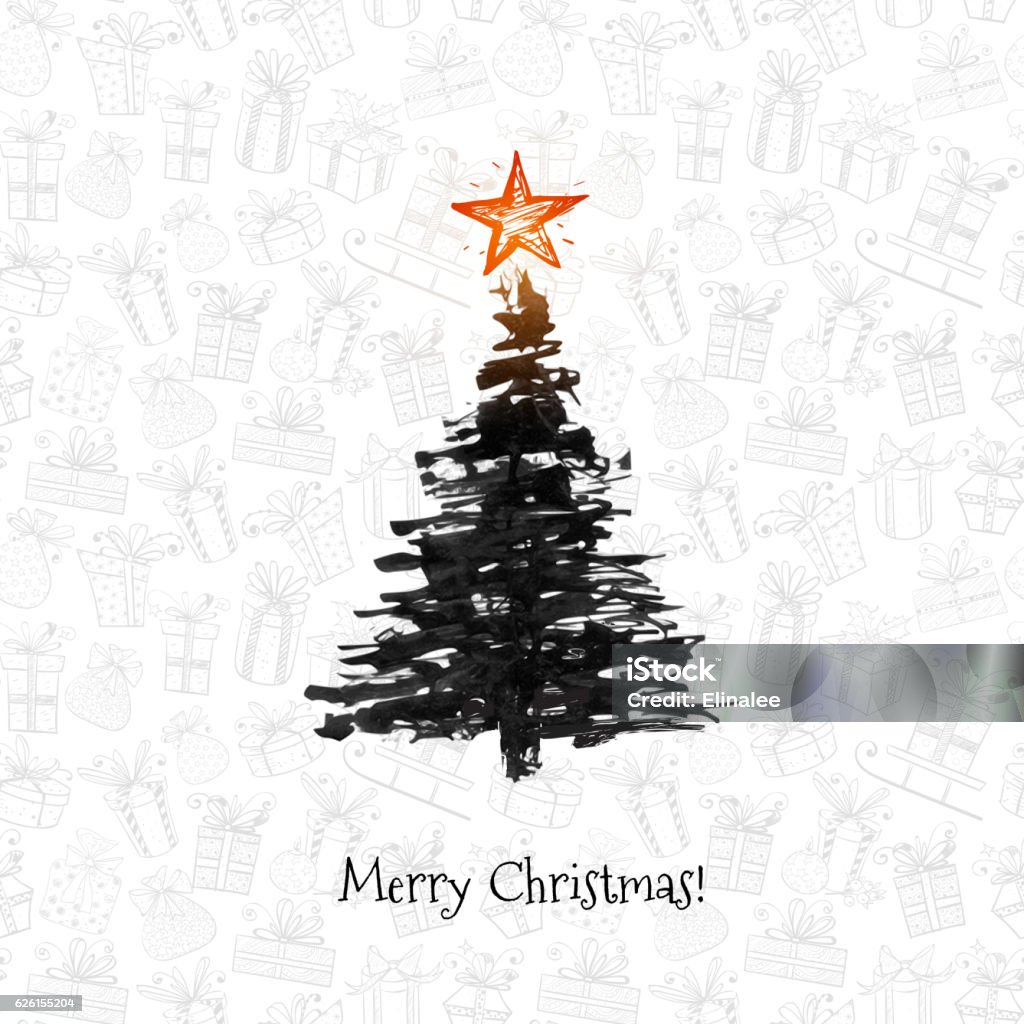 Minimalistic christmas card with green christmas tree Minimalistic christmas card with black christmas tree hand drawn with ink on background with gift boxes Christmas Tree stock vector