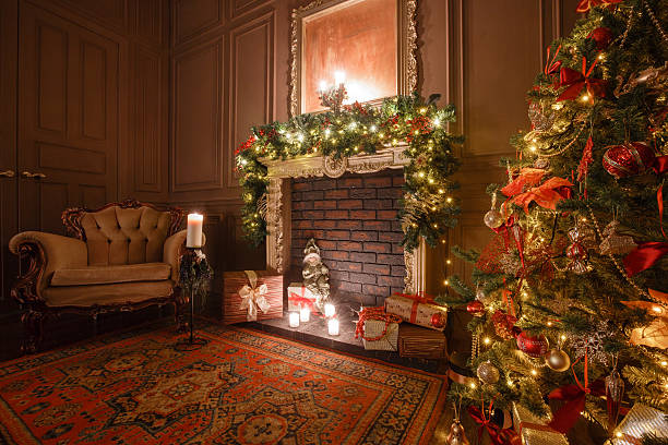 istock Calm image of interior Classic New Year Tree decorated in 626156592