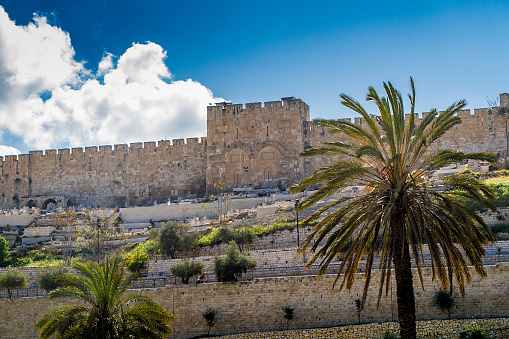 View of the Golden Gate or Gate of Mercy on the east-side of the Temple Mount of the Old City of Jerusalem, Israel. High quality photo