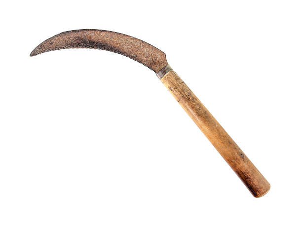 istock Vintage old rusty metal sickle with wooden handle isolated 626172858