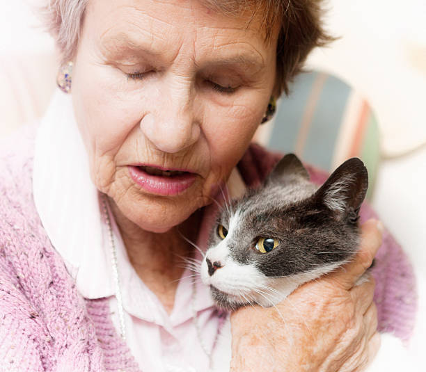 istock Old lady with closed eyes strokes her precious pet cat 626174050