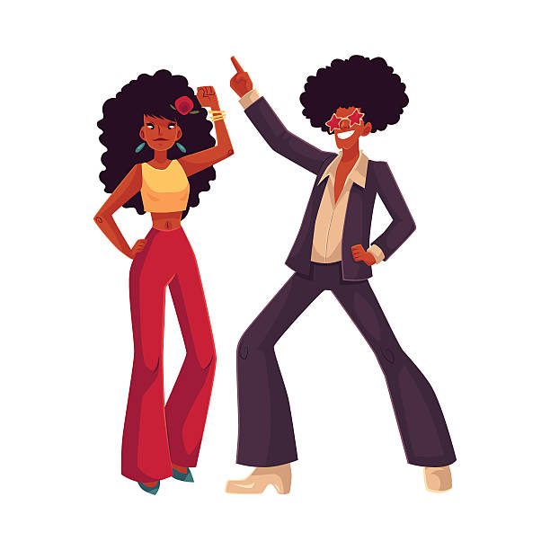 Man, woman with afro hair in 1970s clothes dancing disco Man and woman with afro hair and 1970s style clothes dancing disco, cartoon style vector illustration isolated on white background. Young man and woman in flares with african black hair flare pants stock illustrations