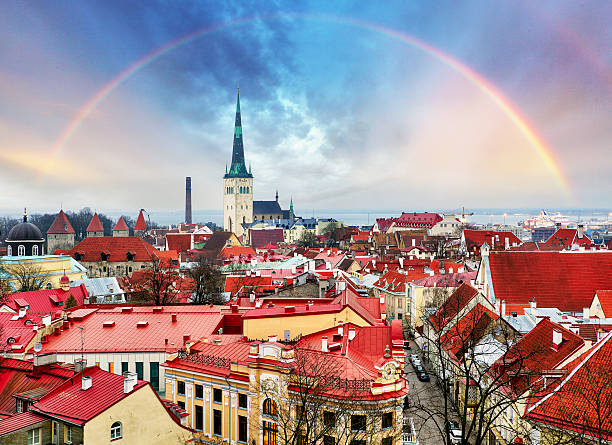 Tallin Old Town from Toompea Hill with rainbow, Estonia Tallin Aerial View of Old Town from Toompea Hill with rainbow, Estonia town wall tallinn stock pictures, royalty-free photos & images