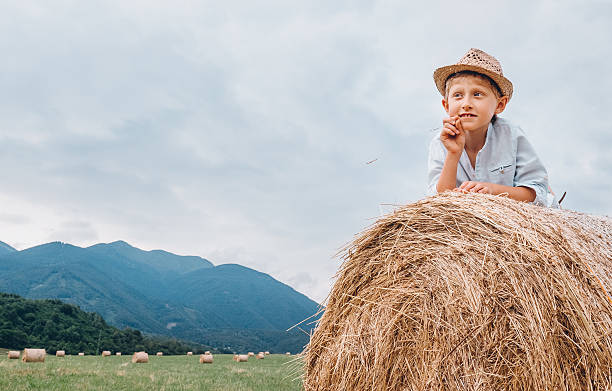 istock Boy in sraw hat lying on hay roll 626186326