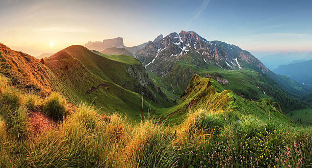 istock Mountain sunrise panorama in Dolomites, Passo Giau 626186638