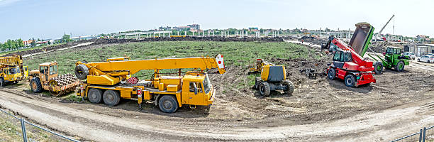 istock Panoramic view on the group of construction machinery. 626187042