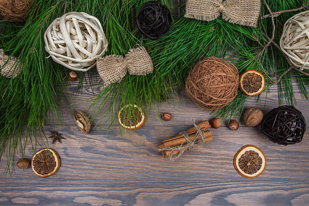 istock Christmas background with fir branches and ornaments in rustic style 626188008