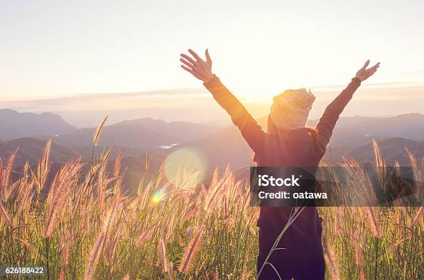 Happy Freedom In Sunrise Nature Stock Photo - Download Image Now - Freedom, Women, Happiness