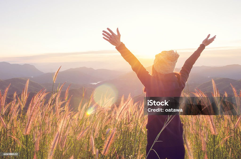 Liberdade Feliz na natureza do nascer do sol - Foto de stock de Liberdade royalty-free