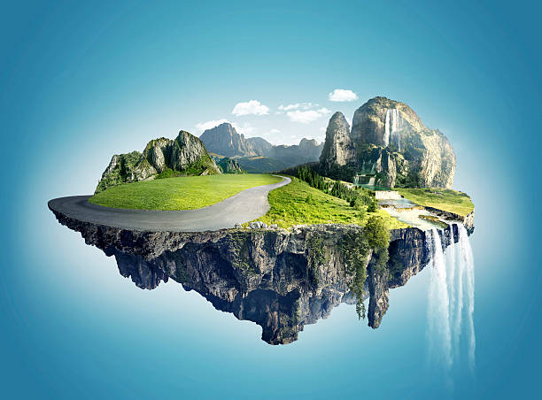 istock Magic island with floating islands, water fall and field 626194428