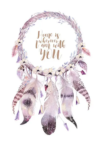 Photo of Isolated Watercolor decoration bohemian dreamcatcher. Boho feath