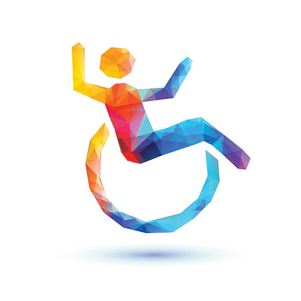 glückliche behinderte menschen. polygon-zeichen - men chair wheelchair sport stock-grafiken, -clipart, -cartoons und -symbole