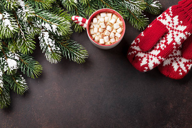 istock Christmas background with fir tree and hot chocolate 626197024