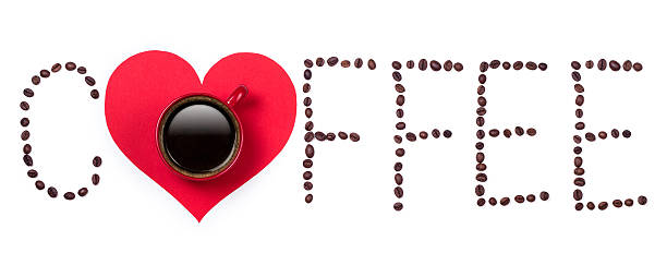 Coffeebeans text and red coffee cup with heart on white stock photo