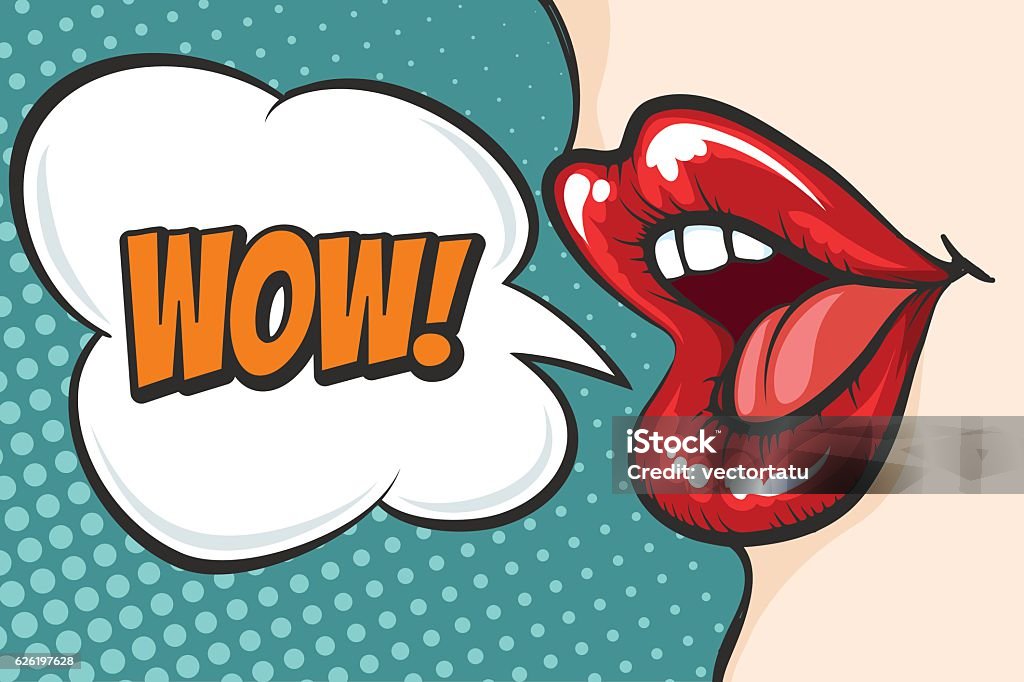 Lèvres pop art avec bulle WOW - clipart vectoriel de Pop Art libre de droits