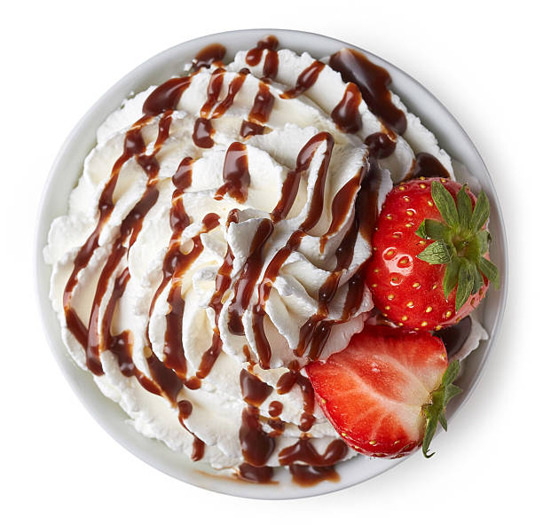 bowl of whipped cream and chocolate sauce - yoghurt chocolate bowl bildbanksfoton och bilder