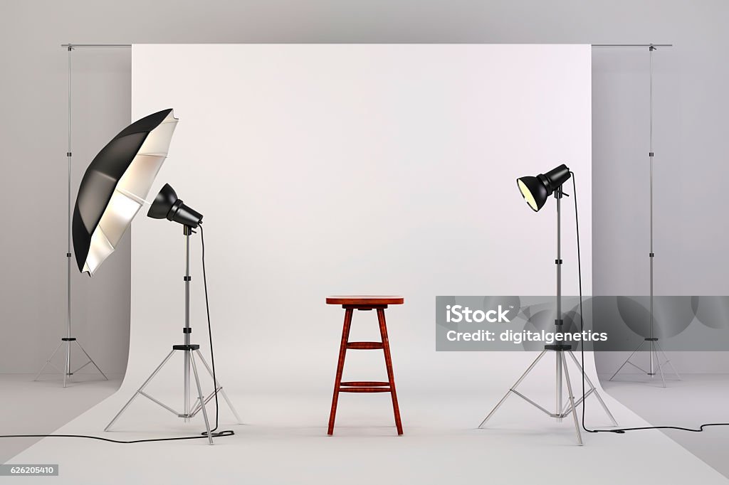 3d studio setup with lights and white background Studio Shot Stock Photo