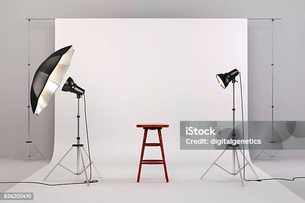 3d Studio Setup With Lights And White Background Stock Photo - Download Image Now - Studio Shot, Studio - Workplace, Photography