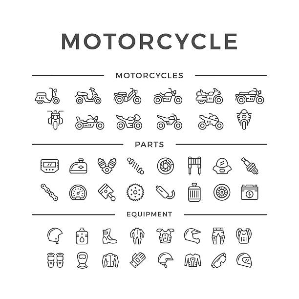 ilustraciones, imágenes clip art, dibujos animados e iconos de stock de conjunto de iconos de línea relacionados con la motocicleta - motorcycle engine brake wheel