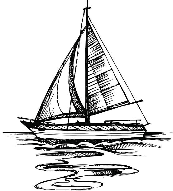 Sailing boat vector sketch isolated with reflection Sailing boat vector sketch isolated with reflection. Sea yacht floating on the water surface. white sailboat silhouette stock illustrations