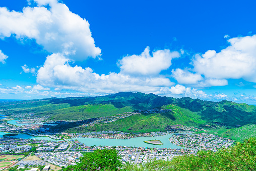 View of Hawaii Kai, a largely residential area located in the City & County of Honolulu, seen from the top of Koko Head near Honolulu - Hawaii