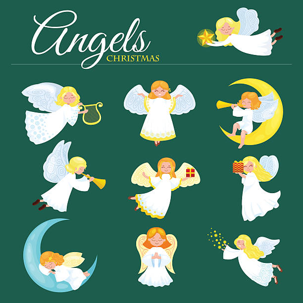 illustrations, cliparts, dessins animés et icônes de ensemble de vacances de noël d’ange volant avec des ailes et des cadeaux - white background decor religious celebration christmas