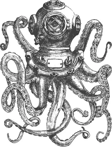 Vector illustration of Vintage style diver helmet with octopus tentacles