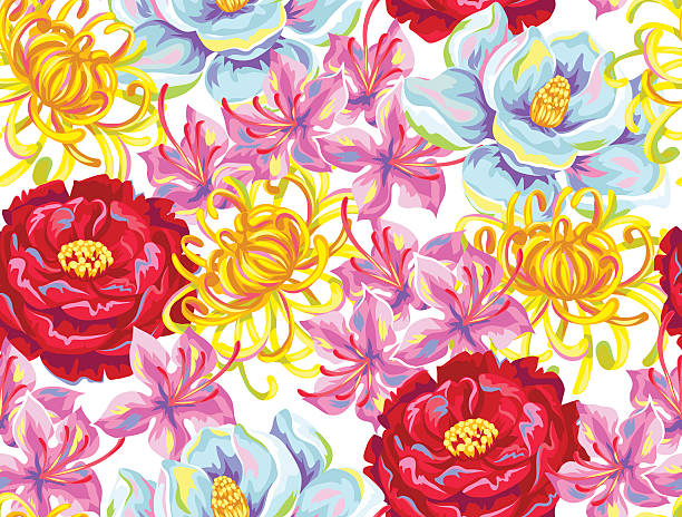 ilustraciones, imágenes clip art, dibujos animados e iconos de stock de patrón sin costuras con flores de china. brotes brillantes de magnolia, peonía - chrysanthemum single flower flower textile