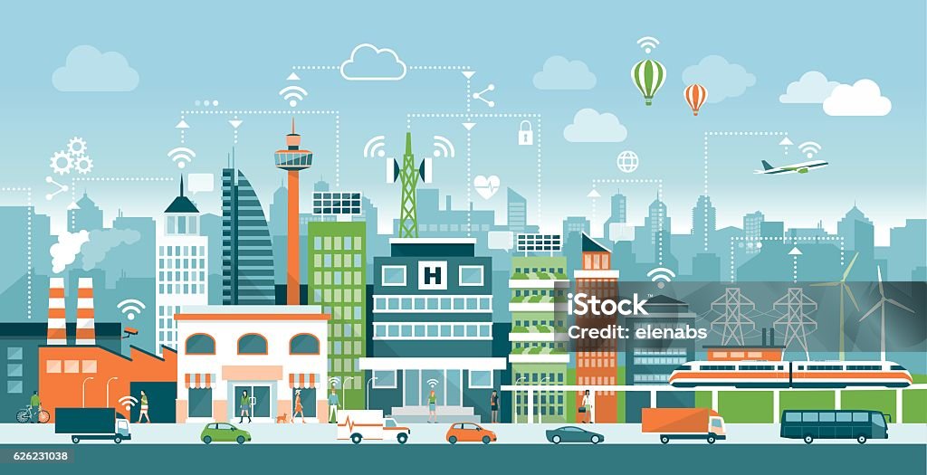 Smart city Smart city with contemporary buildings, people and traffic; networks, connection and internet of things icons on top City stock vector