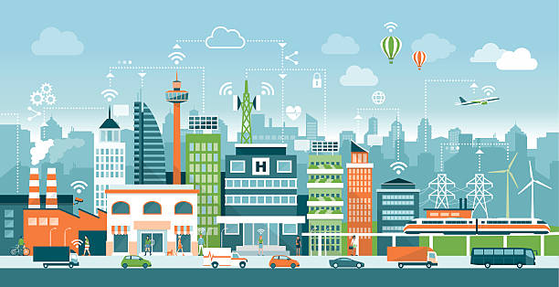 Smart city Smart city with contemporary buildings, people and traffic; networks, connection and internet of things icons on top traffic illustrations stock illustrations