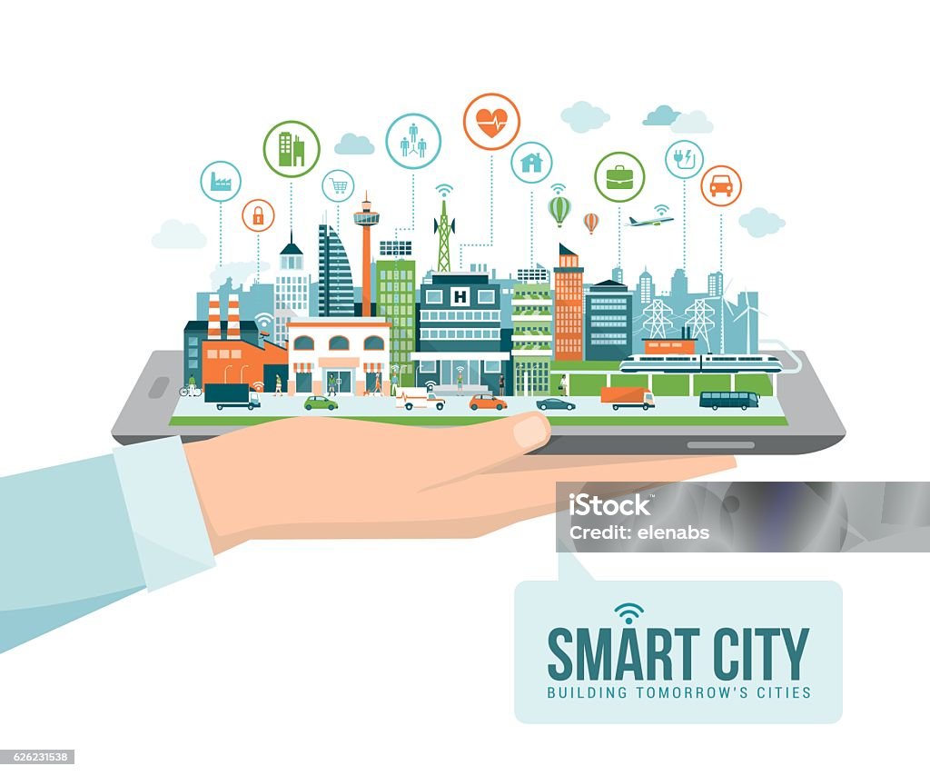 Smart city Hand holding a digital tablet with a contemporary smart city and apps icons: augmented reality and internet of things concept Smart City stock vector