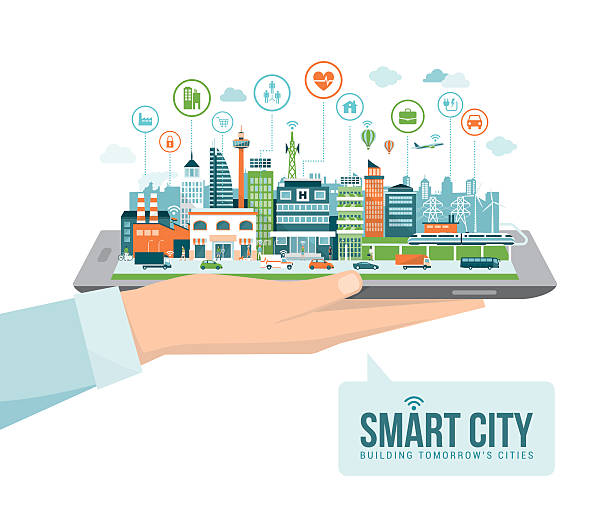 Smart city Hand holding a digital tablet with a contemporary smart city and apps icons: augmented reality and internet of things concept smart city stock illustrations