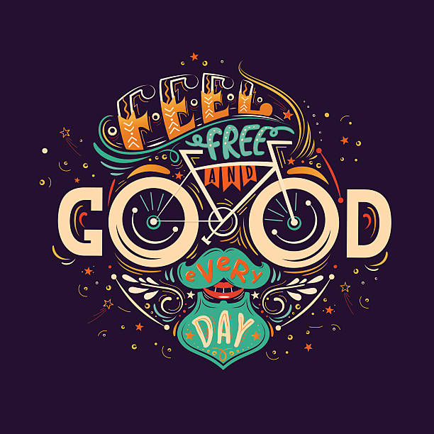 good day color Feel free and good every day. Hand lettering poster with inspirational quote in a shape of a human face with a mustache,beard and a bicycle. Illustration for prints on t-shirts and bags, posters. cycling bicycle pencil drawing cyclist stock illustrations