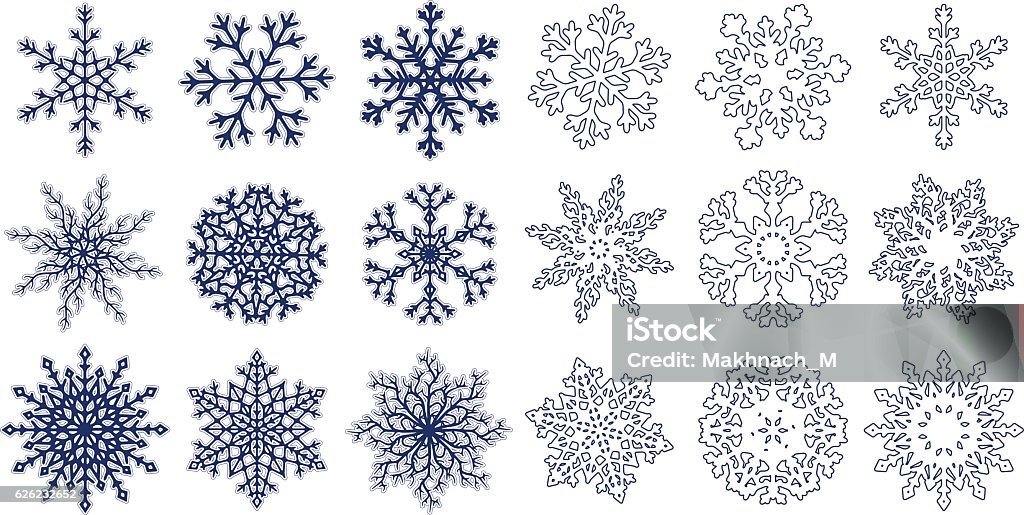 Huge set of blue snowflakes Big set of blue flat and linear snowflakes isolated on white background. Vector illustration. Snowflake Shape stock vector