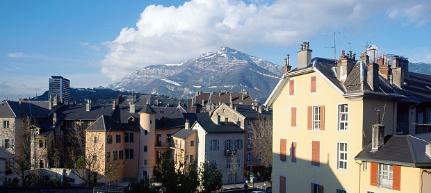 View upon Chambery city, roofs, and mountains of Nivolet, in Savoy, France