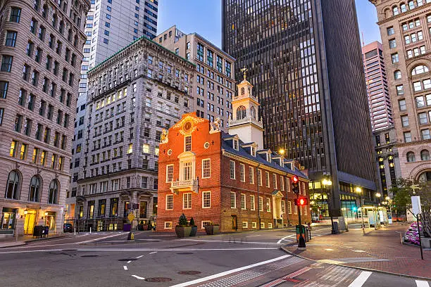 Boston, Massachusetts, USA cityscape at the Old State House.