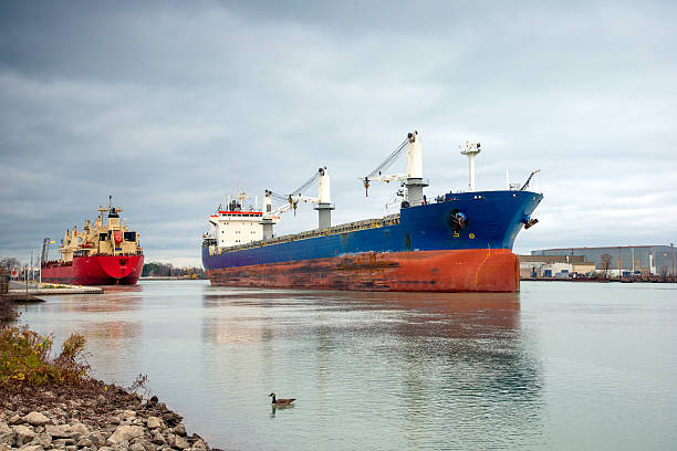 Two bulk carriers passing at the exit of Lock 1 on the Welland Canal