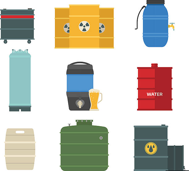 Barrel capacity tanks vector set. Stack different oil drums container liquid cask storage object. Rows of steel barrels capacity tanks. Natural wooden barrel capacity tanks. Wine old beverage alcohol barrel capacity tanks vector set. north sea oil and gas stock illustrations