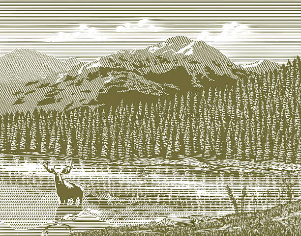 Woodcut Vintage Mountain vector art illustration