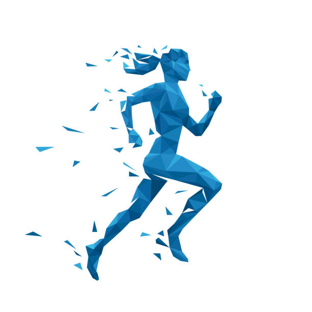 Active running woman vector illustration. Energy jogging design Active running woman vector illustration. Energy jogging woman design. Silhouette of running woman of polygonal particles woman sprint stock illustrations