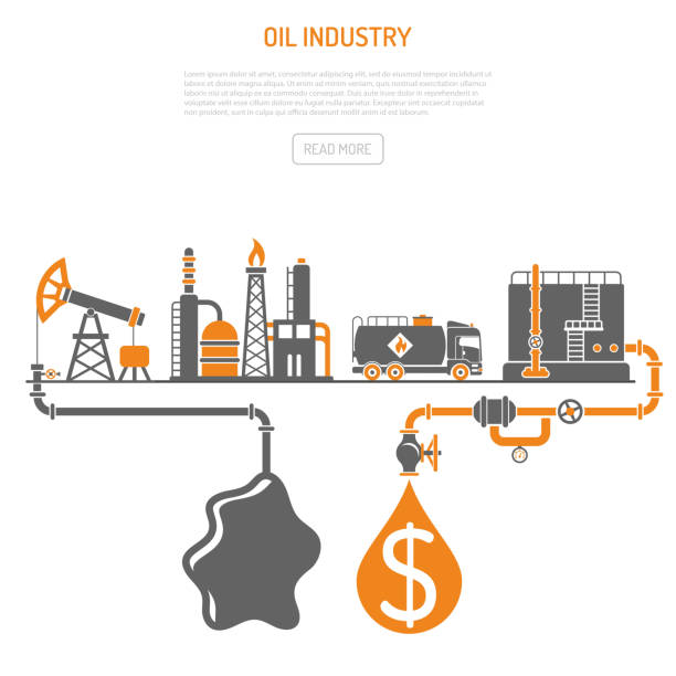 Oil industry Concept Oil industry Concept with Two Color Flat Icons extraction production refinery and transportation oil and petrol. isolated vector illustration natural gas extraction stock illustrations
