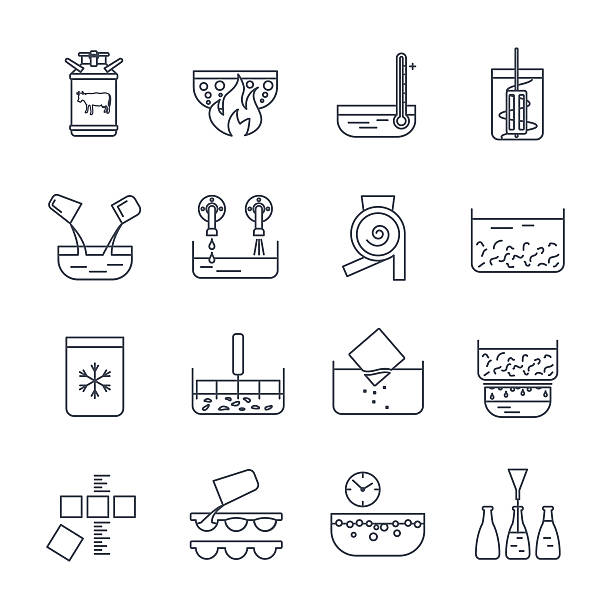 satz von dünnen linie ikonen herstellung von milchprodukten produktion - cheese plant stock-grafiken, -clipart, -cartoons und -symbole