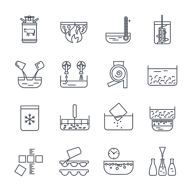 ilustraciones, imágenes clip art, dibujos animados e iconos de stock de conjunto de iconos de línea delgada fabricación de productos lácteos de producción de productos lácteos - bottling plant industry drink food processing plant