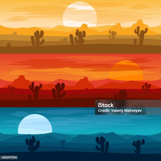 Ilustración de Días Del Paisaje De Las Montañas Del Desierto Y En Los Fondos Del Vector De La Noche y más Vectores Libres de Derechos de Desierto