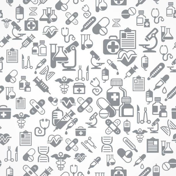 Medical background in grey Medical icons grey background. Medicine symbols seamless pattern. Vector illustration caduceus medical symbol backgrounds stock illustrations