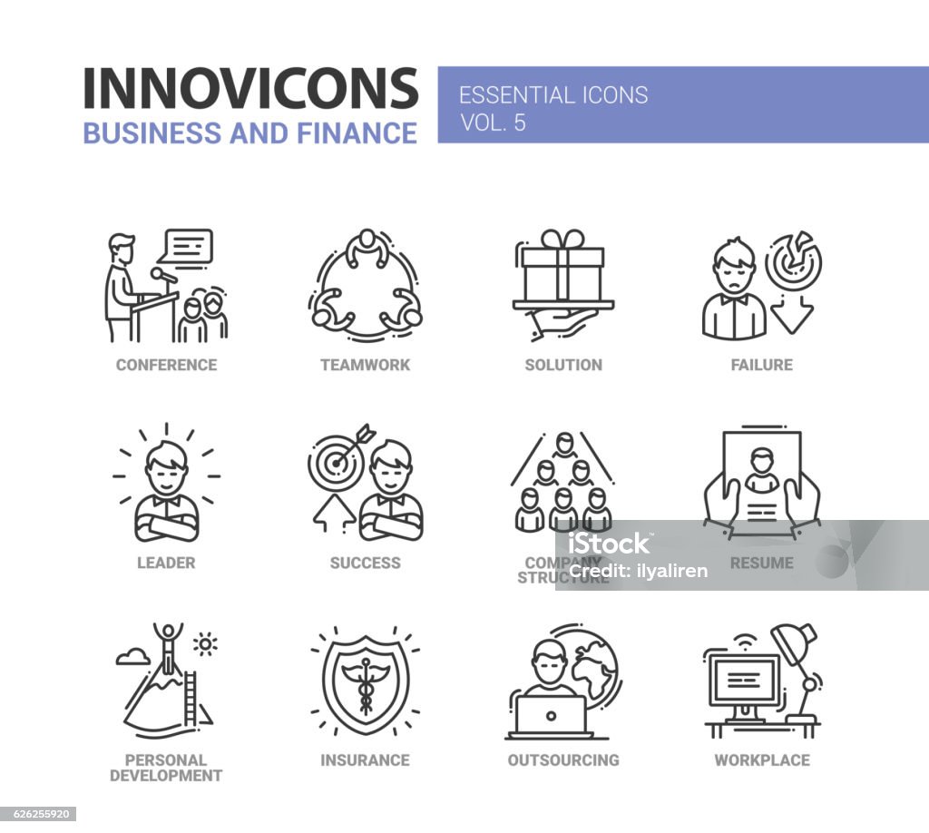 Business and fnance line design icons set Busness and Fnance - modern vector thin line flat design icons and pictograms set. Teamwork, solution, failure, success, company structure, resume, insurance, outsourcing, work place, conference, leader personal development Business stock vector