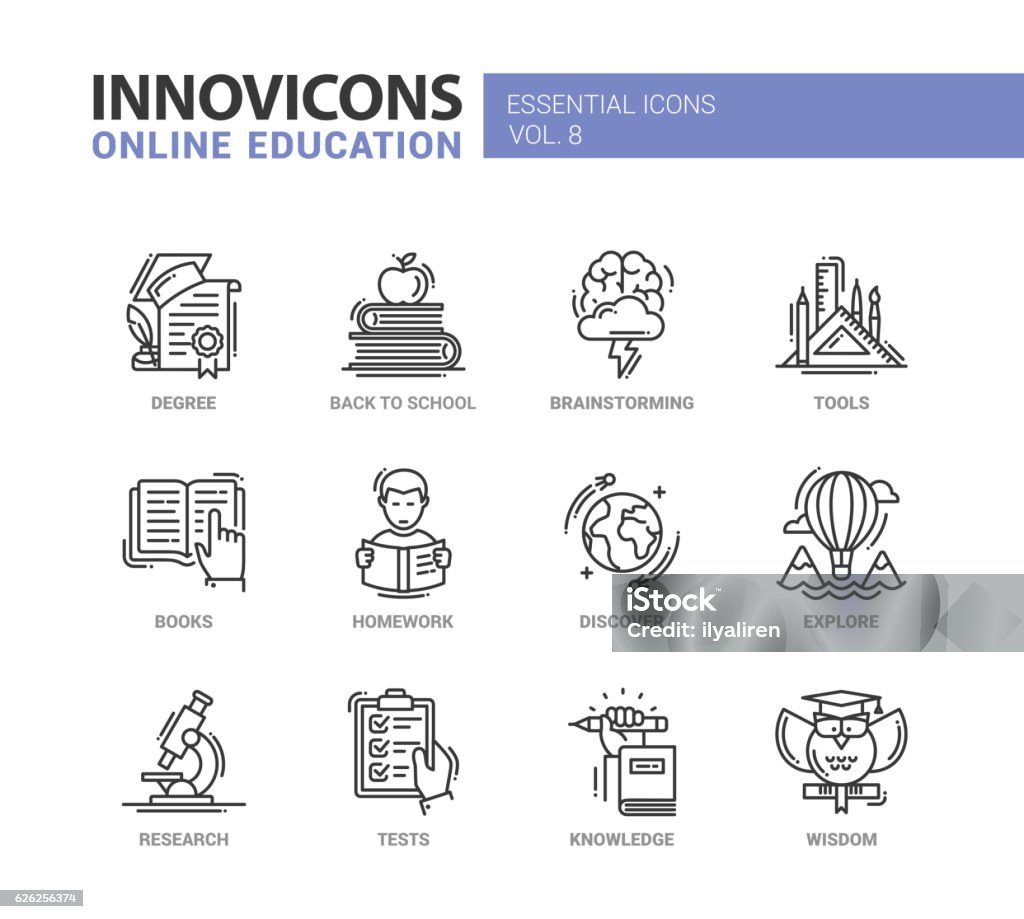 Online education line design icons set Online Education - modern vector thin line flat design icons and pictograms set. Degree, back to school, brainstorming, books, homework, discover, explore, research, knowledge, wisdom tests Icon Symbol stock vector