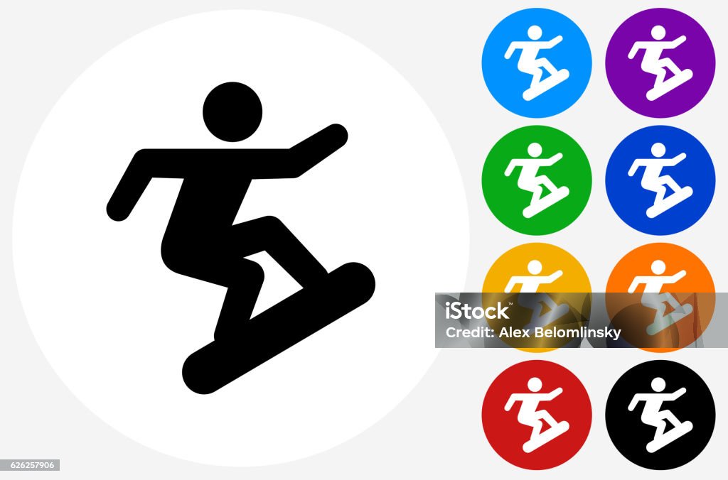 Figure Snowboarding Icon on Flat Color Circle Buttons Figure Snowboarding Icon on Flat Color Circle Buttons. This 100% royalty free vector illustration features the main icon pictured in black inside a white circle. The alternative color options in blue, green, yellow, red, purple, indigo, orange and black are on the right of the icon and are arranged in two vertical columns. Icon Symbol stock vector