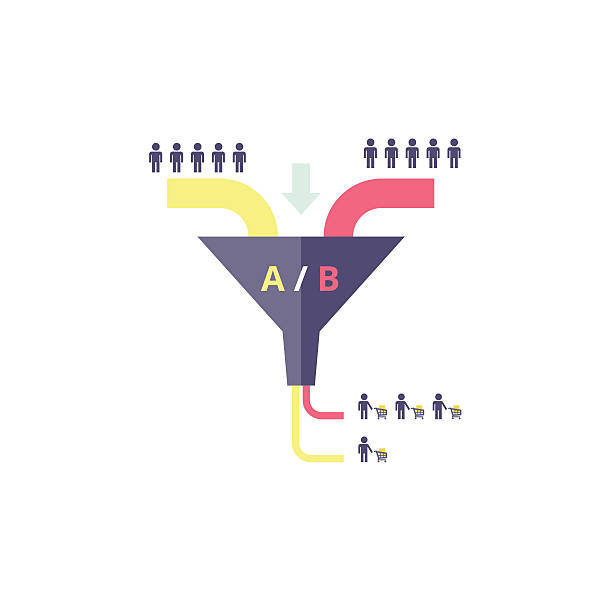 Funnel AB test - vector illustration. Testing in internet marketing Sales funnel optimization work. Testing in internet marketing - business concept. AB test - vector illustration. visitor management icon stock illustrations